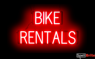 BIKE RENTALS sign, featuring LED lights that look like neon BIKE RENTAL signs