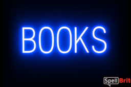 BOOKS sign, featuring LED lights that look like neon book signs
