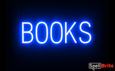 BOOKS sign, featuring LED lights that look like neon book signs