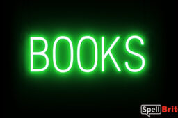 BOOKS sign, featuring LED lights that look like neon book signs