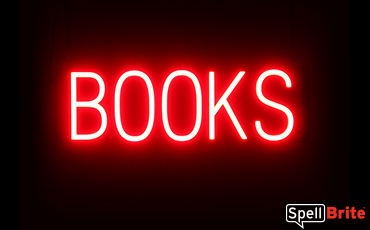 BOOKS sign, featuring LED lights that look like neon book signs