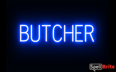 BUTCHER sign, featuring LED lights that look like neon BUTCHER signs