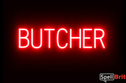 BUTCHER sign, featuring LED lights that look like neon BUTCHER signs