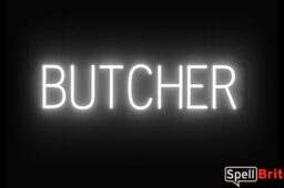 BUTCHER sign, featuring LED lights that look like neon BUTCHER signs