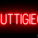 BUTTIGIEG sign, featuring LED lights that look like neon BUTTIGIEG signs