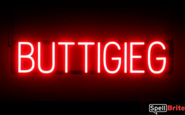 BUTTIGIEG sign, featuring LED lights that look like neon BUTTIGIEG signs