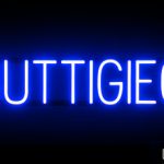 BUTTIGIEG sign, featuring LED lights that look like neon BUTTIGIEG signs