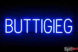 BUTTIGIEG sign, featuring LED lights that look like neon BUTTIGIEG signs