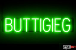 BUTTIGIEG sign, featuring LED lights that look like neon BUTTIGIEG signs