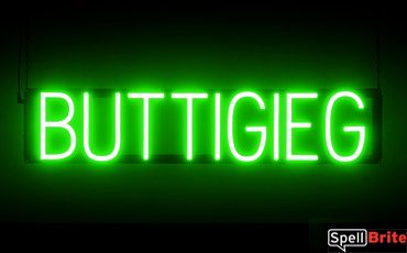 BUTTIGIEG sign, featuring LED lights that look like neon BUTTIGIEG signs