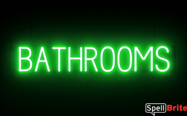 BATHROOMS sign, featuring LED lights that look like neon BATHROOMS signs