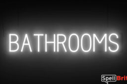 BATHROOMS sign, featuring LED lights that look like neon BATHROOMS signs