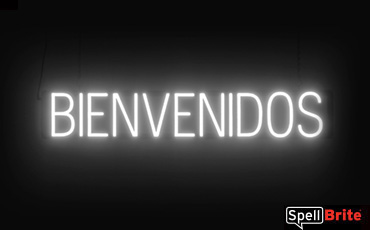 Bienvenidos sign, featuring LED lights that look like neon Bienvenidos signs