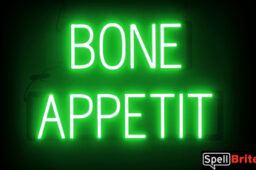 BONE APPETIT sign, featuring LED lights that look like neon BONE APPETIT signs