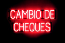 CAMBIO DE CHEQUES lighted LED signage that uses changeable letters to make window signs
