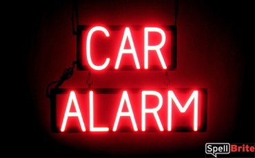 CAR ALARM sign, featuring LED lights that look like neon CAR ALARM signs