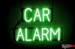 CAR ALARM sign, featuring LED lights that look like neon CAR ALARM signs