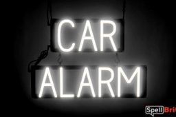 CAR ALARM sign, featuring LED lights that look like neon CAR ALARM signs