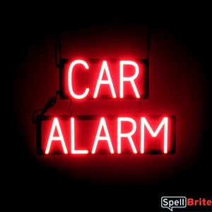 CAR ALARM sign, featuring LED lights that look like neon CAR ALARM signs