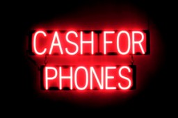 CASH FOR PHONES illuminated LED signage that uses changeable letters to make window signs