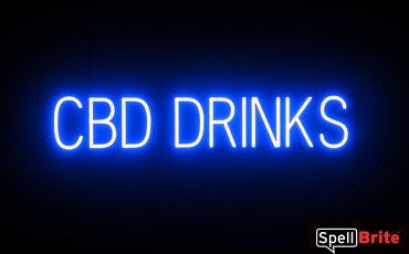 CBD DRINKS sign, featuring LED lights that look like neon CBD DRINK signs
