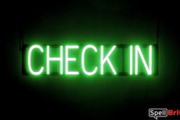 CHECK IN sign, featuring LED lights that look like neon CHECK IN signs