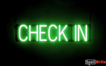 CHECK IN sign, featuring LED lights that look like neon CHECK IN signs
