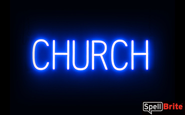 CHURCH sign, featuring LED lights that look like neon CHURCH signs