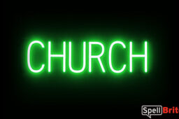 CHURCH sign, featuring LED lights that look like neon CHURCH signs