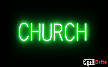 CHURCH sign, featuring LED lights that look like neon CHURCH signs