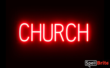 CHURCH sign, featuring LED lights that look like neon CHURCH signs