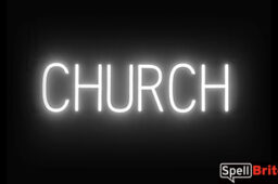 CHURCH sign, featuring LED lights that look like neon CHURCH signs