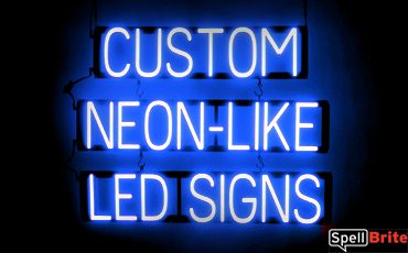 CUSTOM sign, featuring LED lights that look like neon CUSTOM signs