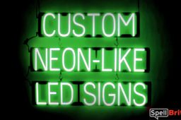 CUSTOM sign, featuring LED lights that look like neon CUSTOM signs