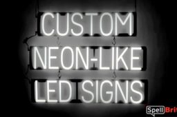 CUSTOM sign, featuring LED lights that look like neon CUSTOM signs