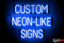 CUSTOM sign, featuring LED lights that look like neon CUSTOM signs