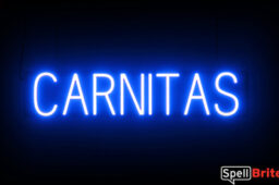 Carnitas sign, featuring LED lights that look like neon Carnitas signs