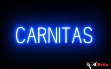 Carnitas sign, featuring LED lights that look like neon Carnitas signs