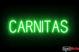 Carnitas sign, featuring LED lights that look like neon Carnitas signs