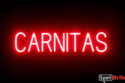 Carnitas sign, featuring LED lights that look like neon Carnitas signs