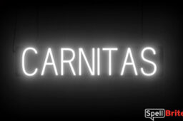 Carnitas sign, featuring LED lights that look like neon Carnitas signs