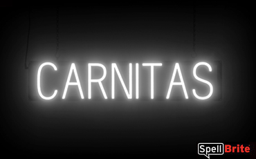 Carnitas sign, featuring LED lights that look like neon Carnitas signs