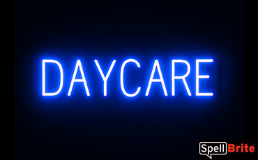 DAYCARE sign, featuring LED lights that look like neon DAYCARE signs