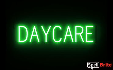 DAYCARE sign, featuring LED lights that look like neon DAYCARE signs