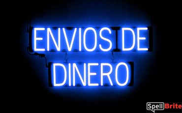 ENVIOS DE DINERO sign, featuring LED lights that look like neon ENVIOS DE DINERO signs