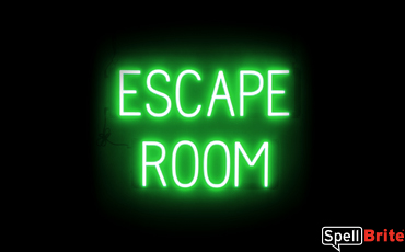 ESCAPE ROOM sign, featuring LED lights that look like neon ESCAPE ROOM signs