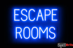 ESCAPE ROOMS sign, featuring LED lights that look like neon ESCAPE ROOMS signs