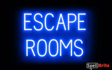 ESCAPE ROOMS sign, featuring LED lights that look like neon ESCAPE ROOMS signs