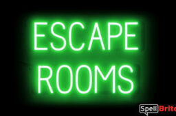 ESCAPE ROOMS sign, featuring LED lights that look like neon ESCAPE ROOMS signs