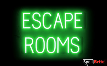 ESCAPE ROOMS sign, featuring LED lights that look like neon ESCAPE ROOMS signs